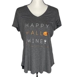 Apt 9 Gray Top Happy Hallo Wine Graphic V Neck Short Sleeve Tee Shirt Top Size L
